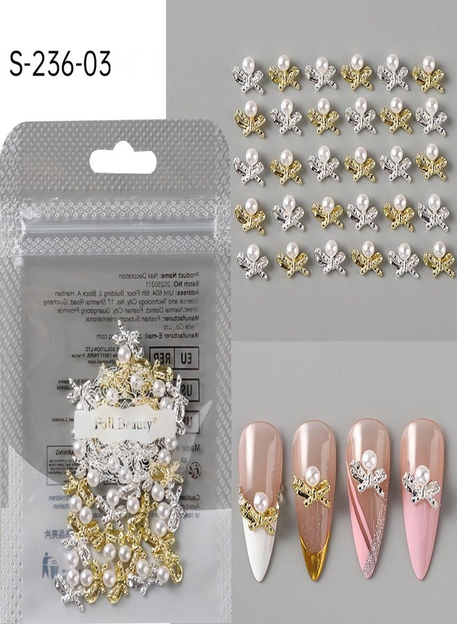 CJDLTS Bow with Pearl Nail Art Accessories Mix Stereo Matel Nails Decoration 30 Pcs Gold & Silver Sweet Bow with Pearl Nail Supplies Suitable Women Daily Manicure Decoration - Image 3